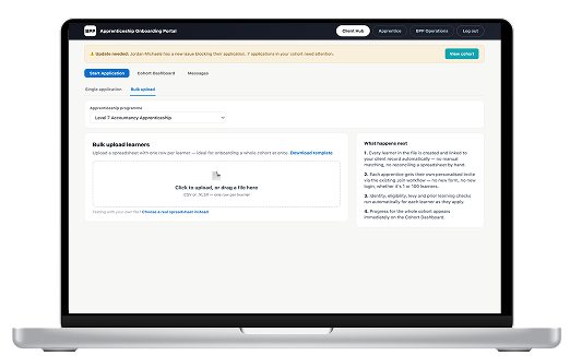 Apprenticeship Onboarding Portal bulk upload screen showing spreadsheet upload option for adding a whole cohort at once