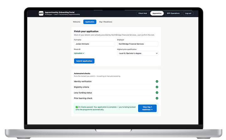 Learner application screen showing pre-filled details from employer, photo ID upload, and automated AI checks for identity, eligibility, levy funding and prior learning
