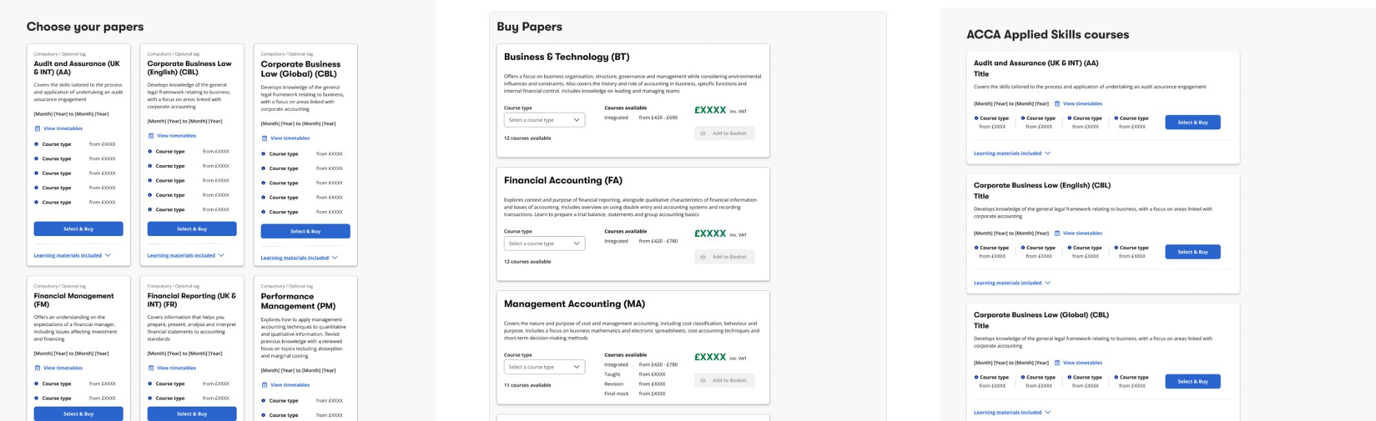 Design exploration of course listings on new BPP template showing three layout variants for paper selection across mobile and desktop