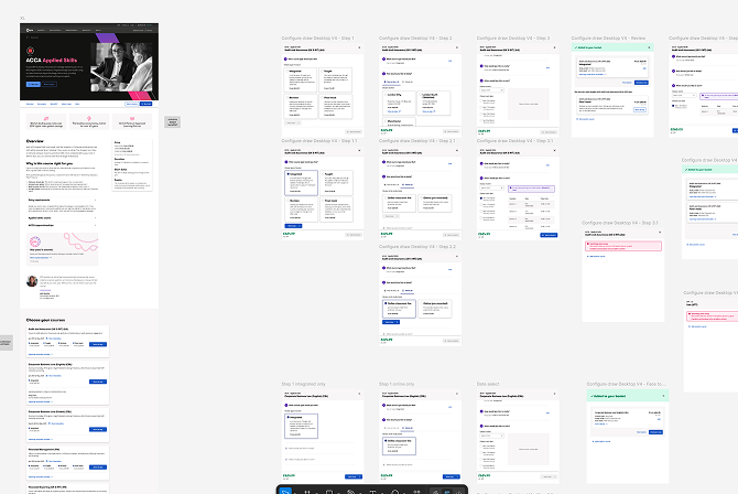 Design exploration showing multiple iterations and states of the course booking drawer across different steps and configurations