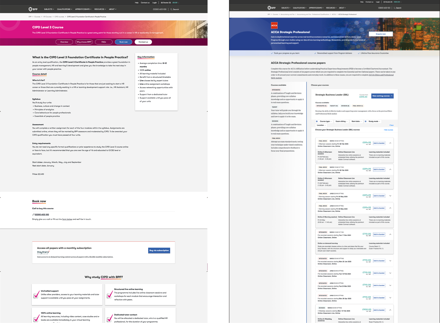Side-by-side comparison of legacy BPP course pages showing inconsistent templates across CIPD and ACCA qualifications