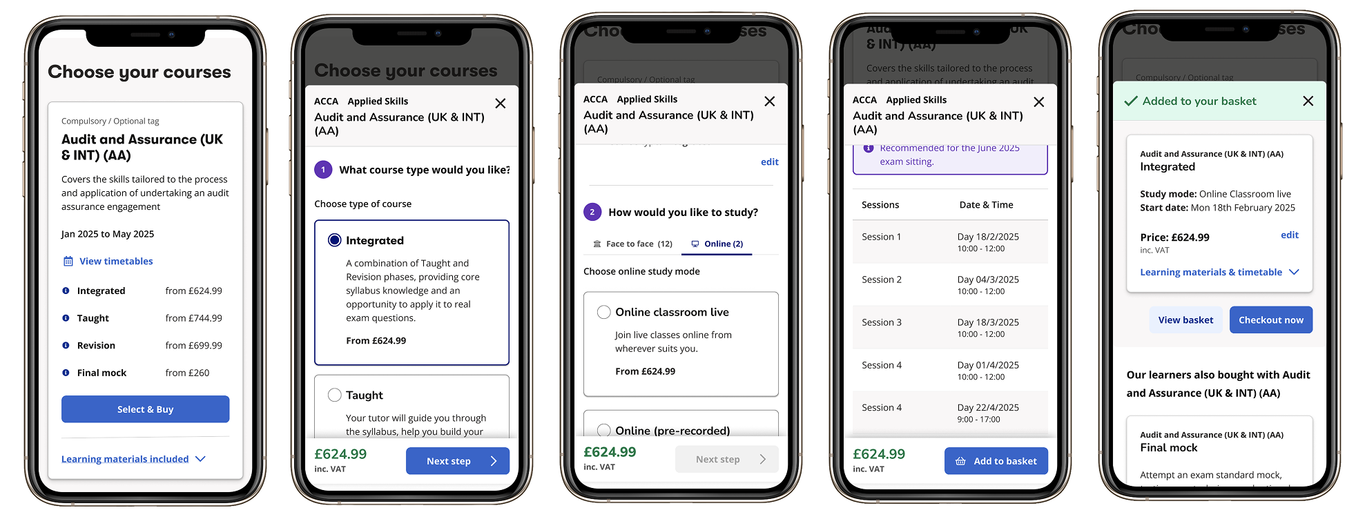 Mobile view of five key screens in the PQ booking journey showing course selection, course type drawer, study mode, session dates, and basket confirmation