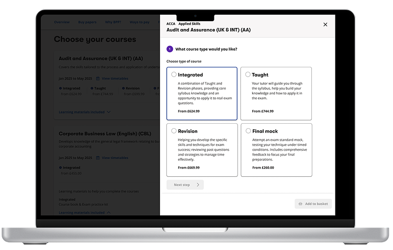 Step 1 of BPP booking process showing a drawer with course type selection — Integrated, Taught, Revision, and Final Mock — for Audit and Assurance
