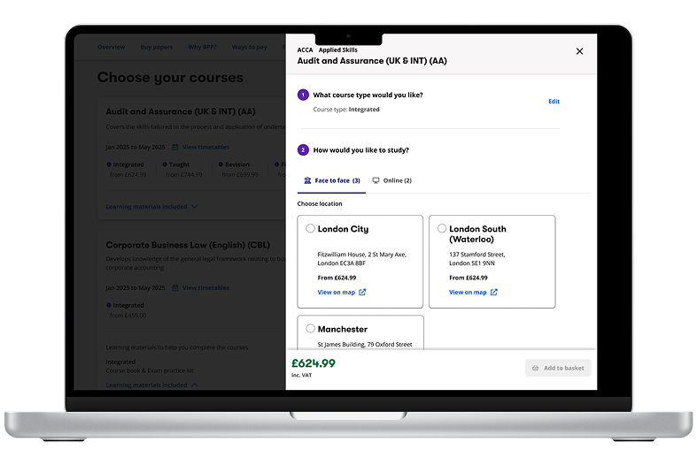 Step 2 of BPP booking process showing how to study selection with face to face locations and online options