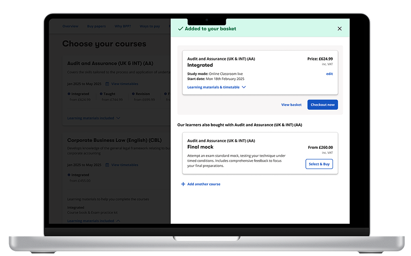 BPP basket confirmation screen showing added course summary and a recommendations section featuring a Final Mock course