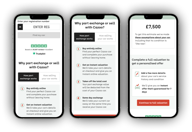 Final designs for Quick Estimates showing part exchange flow screens including registration entry, why part exchange with Cazoo, and estimate result