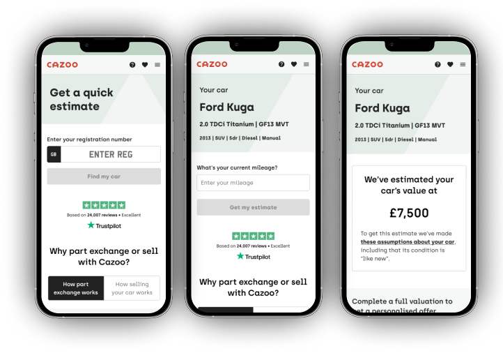 Final designs for Quick Estimates showing three iPhone screens: registration entry, mileage input, and car valuation result