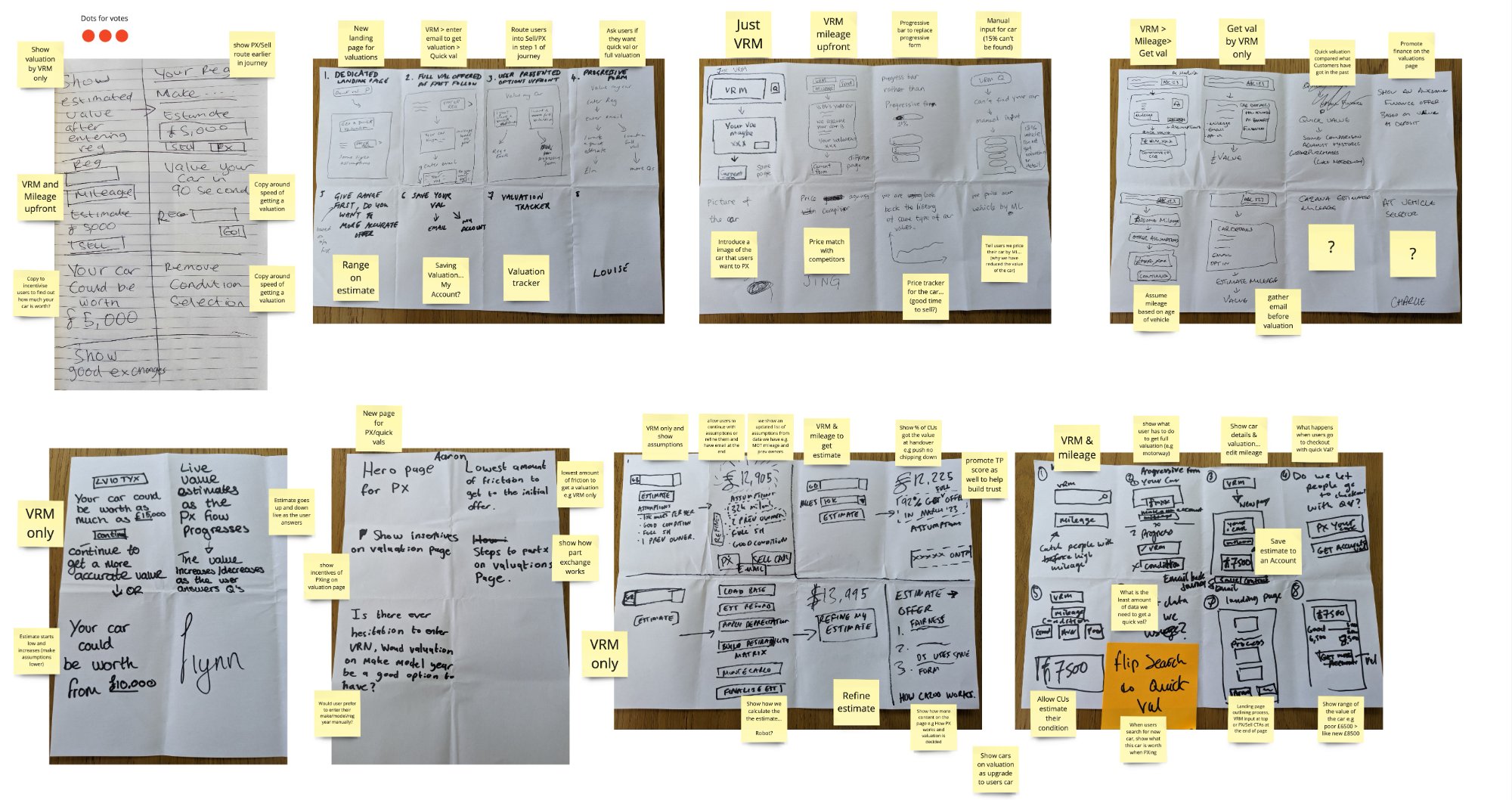 Ideation sketches and concept explorations from the workshop session, showing multiple design directions with sticky note annotations