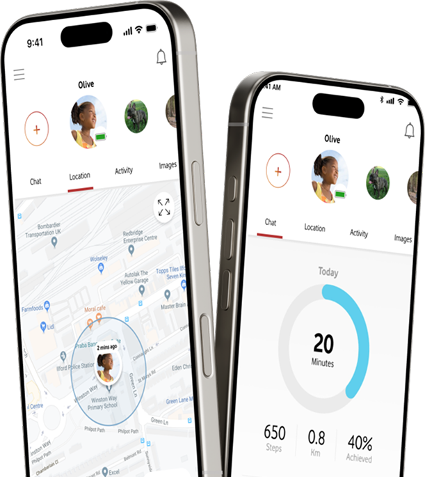 V by Vodafone iOS app showing location tracking and activity stats for a child's connected watch