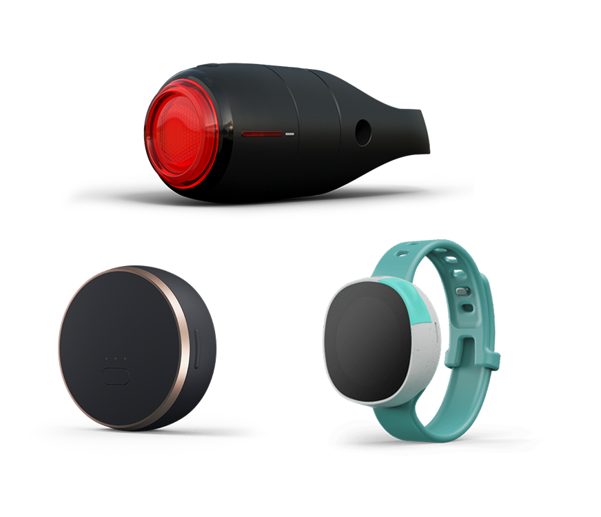 The suite of Vodafone connected devices including a bike light tracker, multi-use tracker and kids wristband