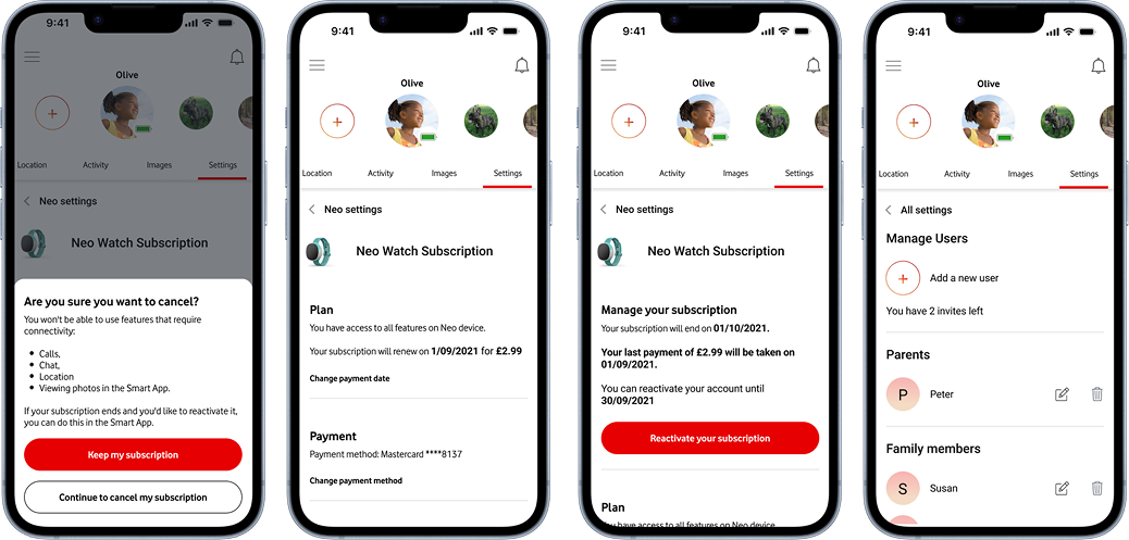 Final designs for V by Vodafone settings area showing subscription management, payment settings and user access controls