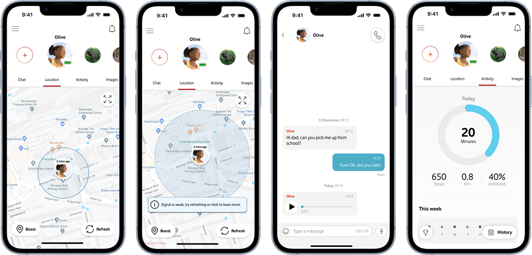 Final designs for V by Vodafone showing location tracking, messaging and activity tracker screens