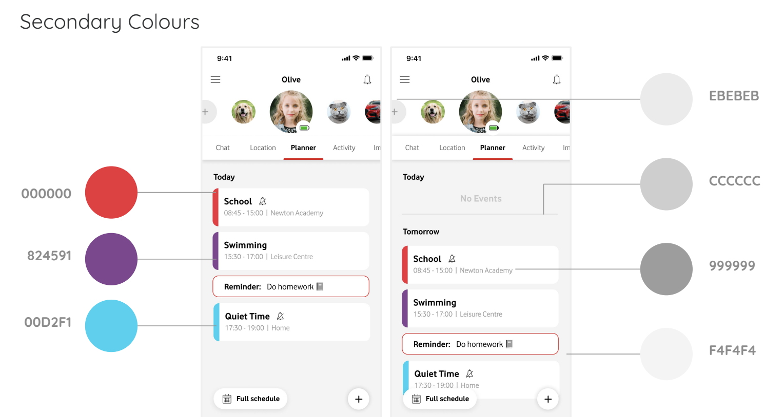 UI guidelines documentation showing secondary colour palette with planner screens demonstrating colour usage